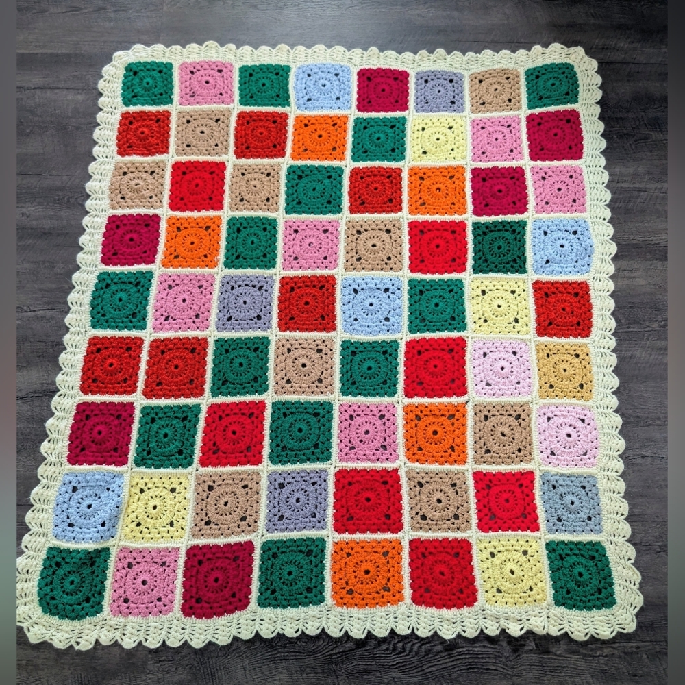 Vtg Granny Square Afghan Blanket Throw Handmade 58x61 White Multicolor Crochet - Picture 5 of 5
